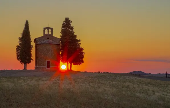 Sunset, Italy, chapel, Tuscany, San Quirico d'orcia