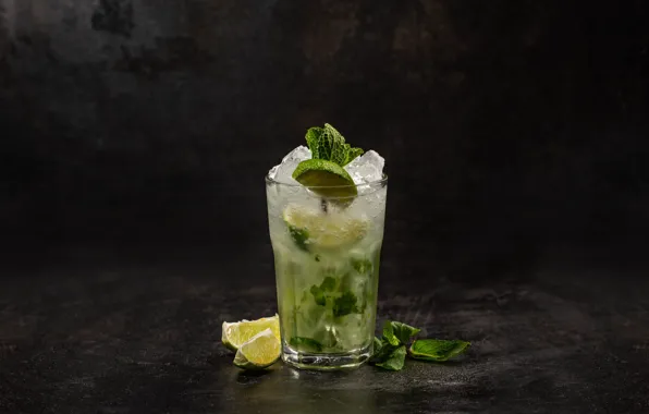 Greens, glass, the dark background, glass, ice, cocktail, lime, drink