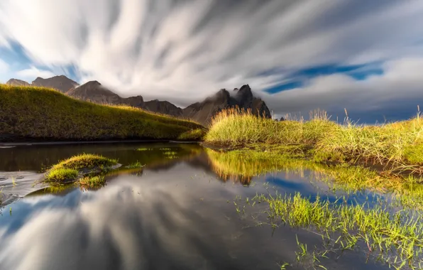The sky, grass, water, the sun, clouds, mountains, Iceland, Vestrahorn