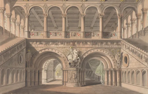 Castle, picture, ladder, columns, painting, statues, painting, Karl Friedrich Schinkel