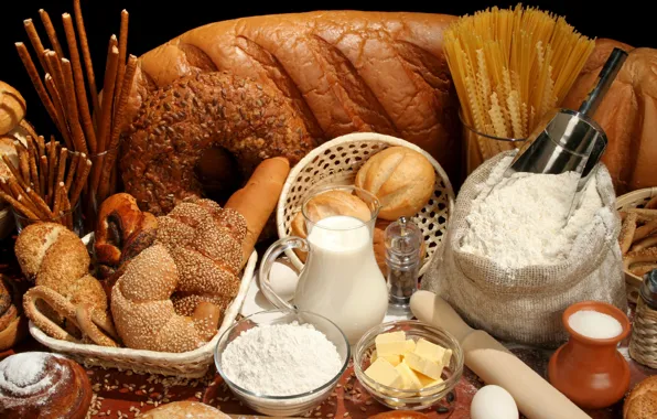 Oil, milk, bread, spaghetti, roll, flour, cuts