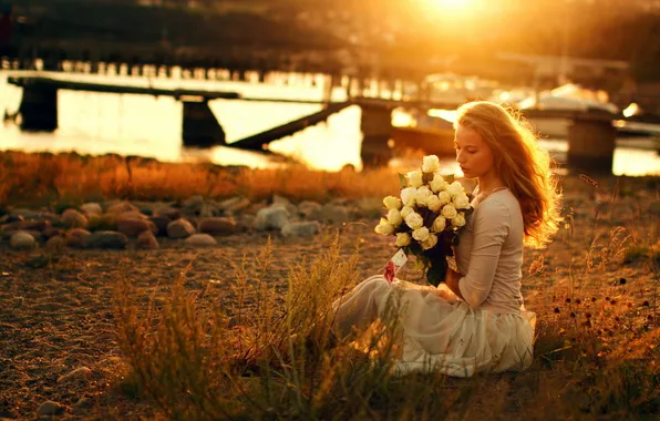 Girl, river, bouquet