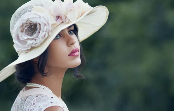 Picture look, girl, hat, necklace, makeup, brunette, pearl