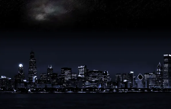 Night city, dual monitor, the dark background