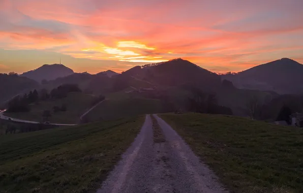 Road, field, clouds, mountains, dawn