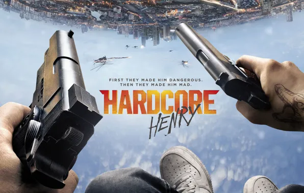 Picture the sky, the city, fiction, feet, guns, helicopters, hands, action