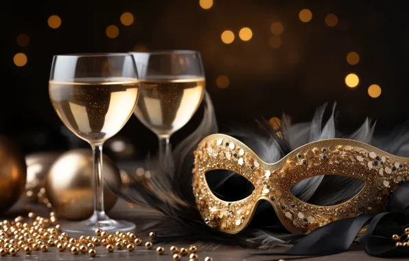 Holiday, wine, mask, glasses, Christmas, alcohol, New year, champagne