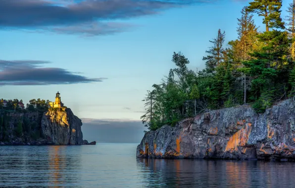 Picture trees, lake, rocks, lighthouse, Mn, Minnesota, Lake Superior, Great lakes