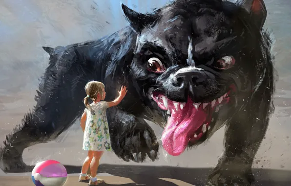 The ball, dog, girl, dog