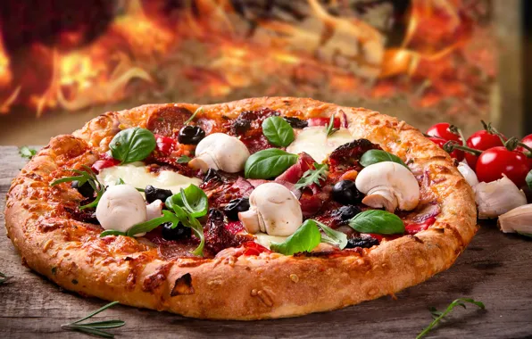 Picture lights, mushrooms, pizza, tomatoes, sausage, filling