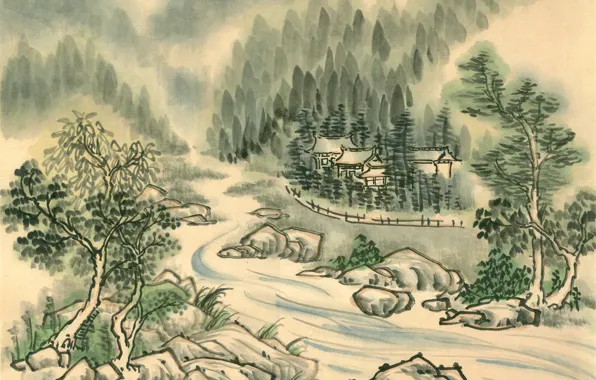 Forest, trees, river, shore, Japan, village, temple, Painting