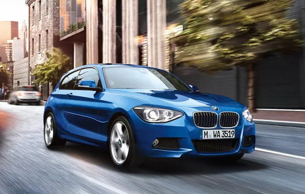 Picture car, BMW, blue, street, speed, 1 Series, Sports Package, 3-door