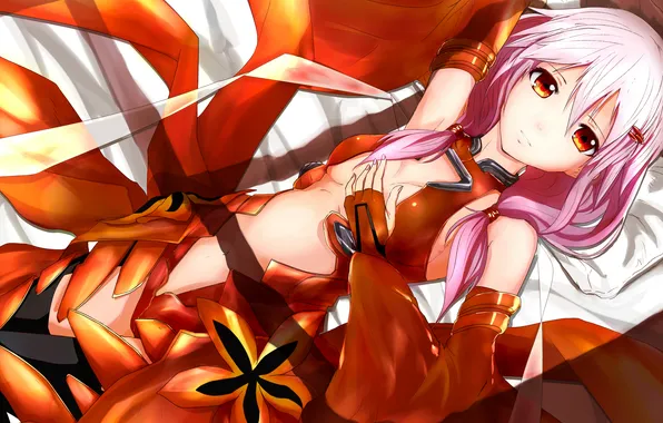 Girl, navel, red eyes, bodysuit, long hair, barrette, high resolution, lying