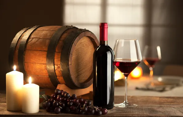 Wine, red, glass, bottle, candles, grapes, barrel