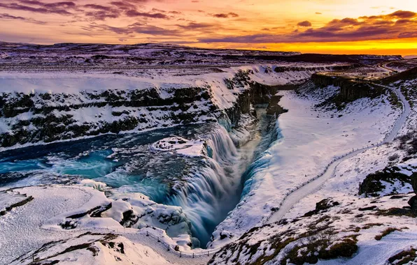Winter, snow, sunset, waterfall, Iceland, Gullfoss