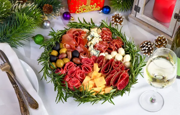 Cheese, New year, sausage, cutting