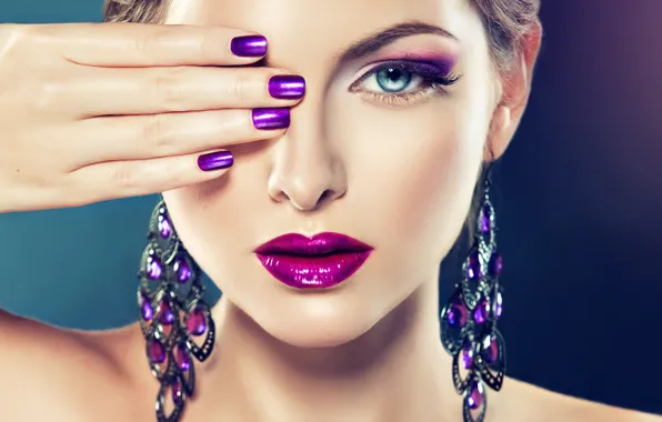 Picture face, model, earrings, makeup, palm