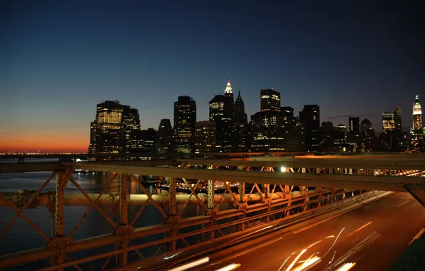 Picture lights, bridge, night, New York, Brooklyn Bridge, Skylines