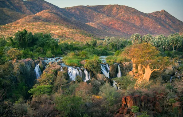 Trees, mountains, river, stones, waterfall, the bushes, Angola, Oncocua