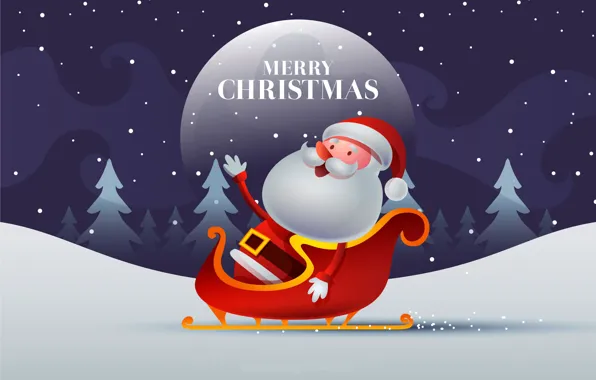Winter, Night, Snow, The moon, Christmas, New year, Santa Claus, Merry Christmas