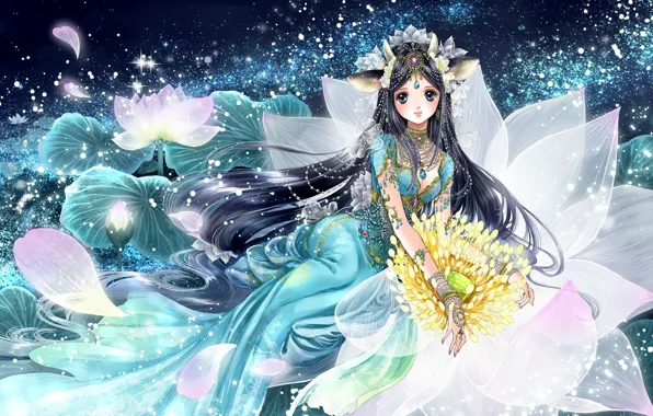 Girl, flowers, anime, petals, art, shiitake, gensoudou