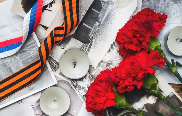 Flowers, photo, holiday, candles, victory day, St. George ribbon, May 9, carnation
