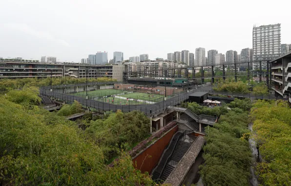 Trees, building, stage, Playground, West Village Basis Yard - Chengdu