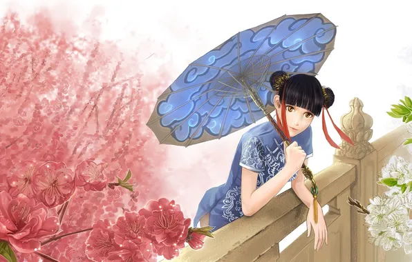 Girl, spring, umbrella, anime, Sakura, art, Wow