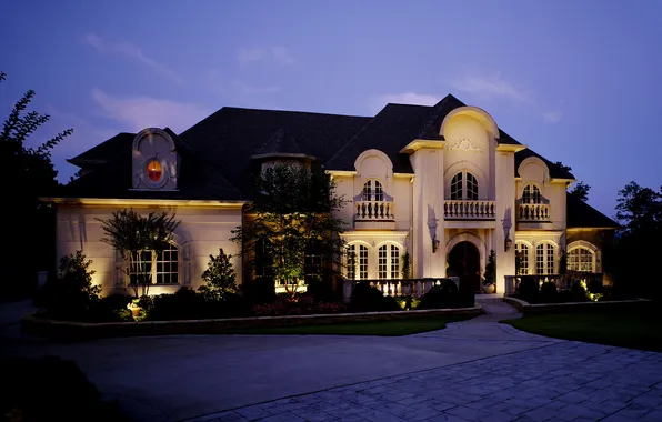 Picture light, night, design, house, lawn, lights, mansion