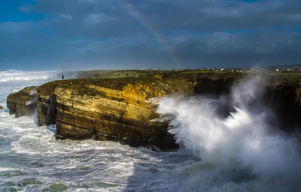 Picture sea, the sky, clouds, squirt, storm, open, rocks, rainbow