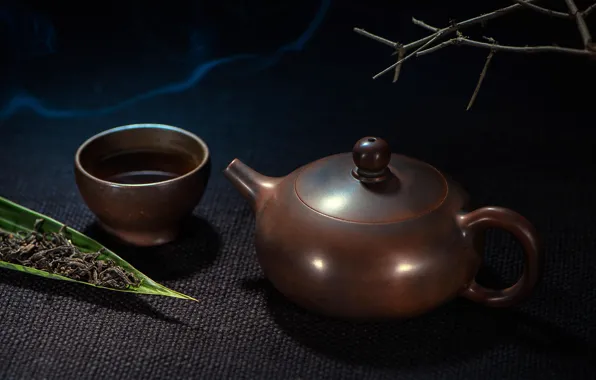 Branches, the dark background, tea, leaf, kettle, the tea party, Cup, dishes