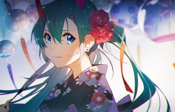 Girl, flowers, kimono, bells, Hatsune Miku, Vocaloid, horns