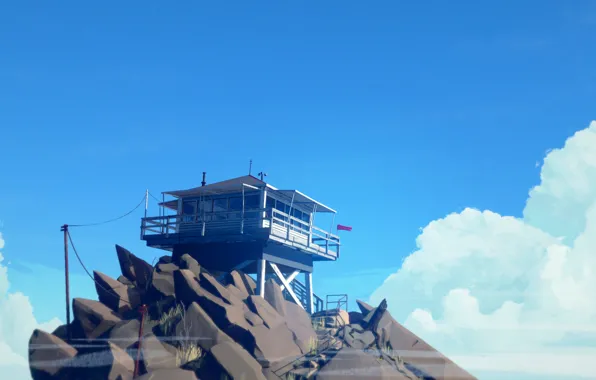 The sky, Clouds, Mountain, Ladder, Stones, Flag, Pipe, Blue