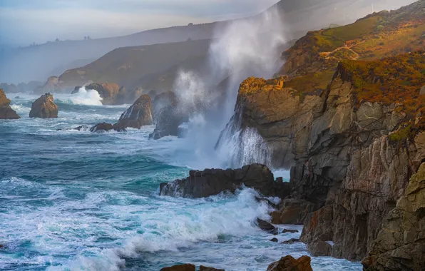 Sea, squirt, stones, rocks, coast, surf, California, Big Sur