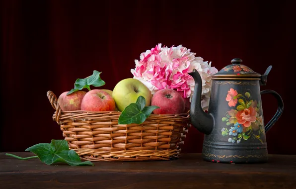Style, apples, kettle, still life, basket, hydrangea
