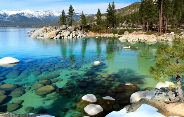 Forest, snow, trees, mountains, lake, stones