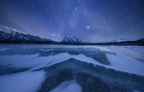 Picture ice, winter, the sky, stars, snow, mountains, night, lake