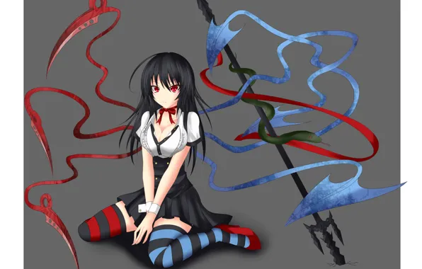 Trident, red eyes, demoness, striped stockings, death scythe, black magic, project East, Houjuu Nue