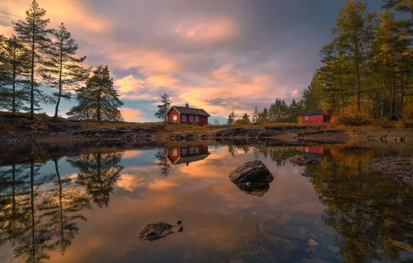 Trees, sunset, lake, reflection, stones, Norway, houses, Norway