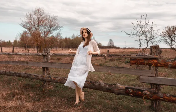 Picture look, girl, nature, skirt, hat, barefoot, brown hair, jacket