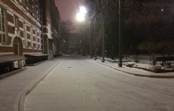 Road, snow, the building