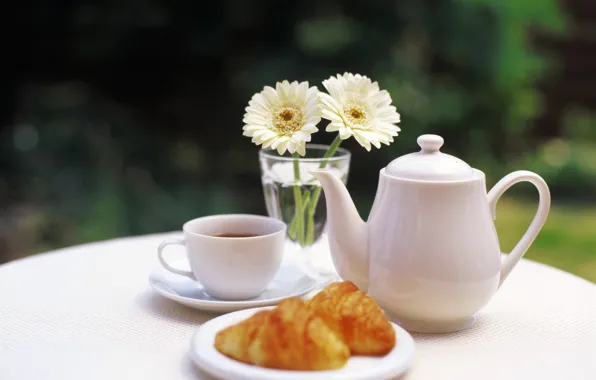 Flowers, tea, kettle, Cup, vase, table, buns