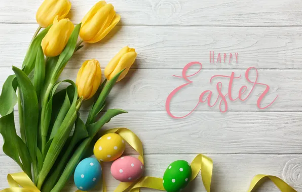 Flowers, eggs, bouquet, yellow, colorful, Easter, tulips, happy
