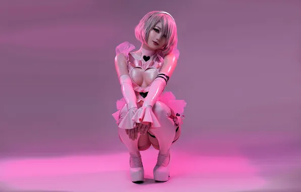 Girl, costume, outfit, pink background, bleed, cosplay, Visagefox