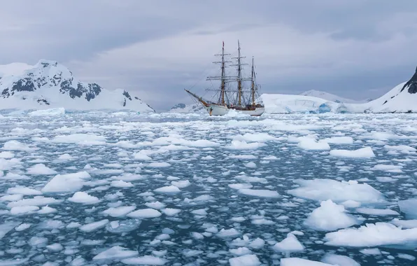 Sea, mountains, sailboat, ice, Antarctica, Bark Europe