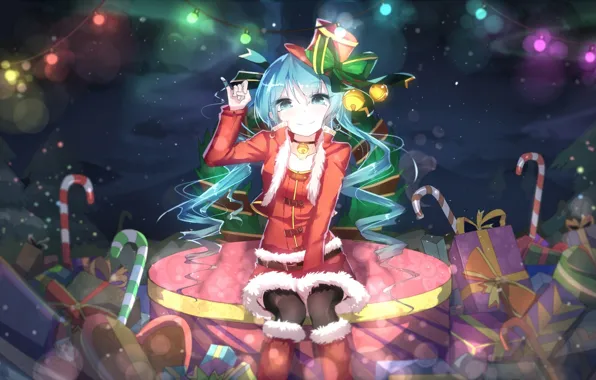 Girl, smile, holiday, Christmas, hat, anime, art, candy