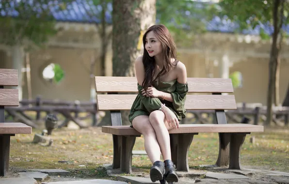 Girl, bench, dress, legs, Asian, sitting, knees