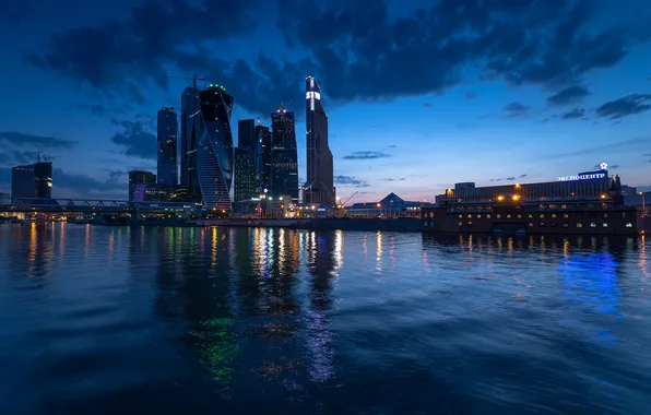 Night, lights, river, building, Moscow, Russia, architecture, promenade