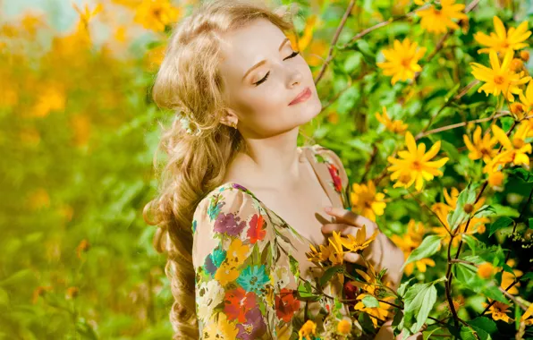The sun, flowers, branches, makeup, dress, hairstyle, blonde, beauty