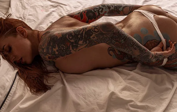 Ass, girl, model, linen, figure, tattoo, tattoo, on the bed